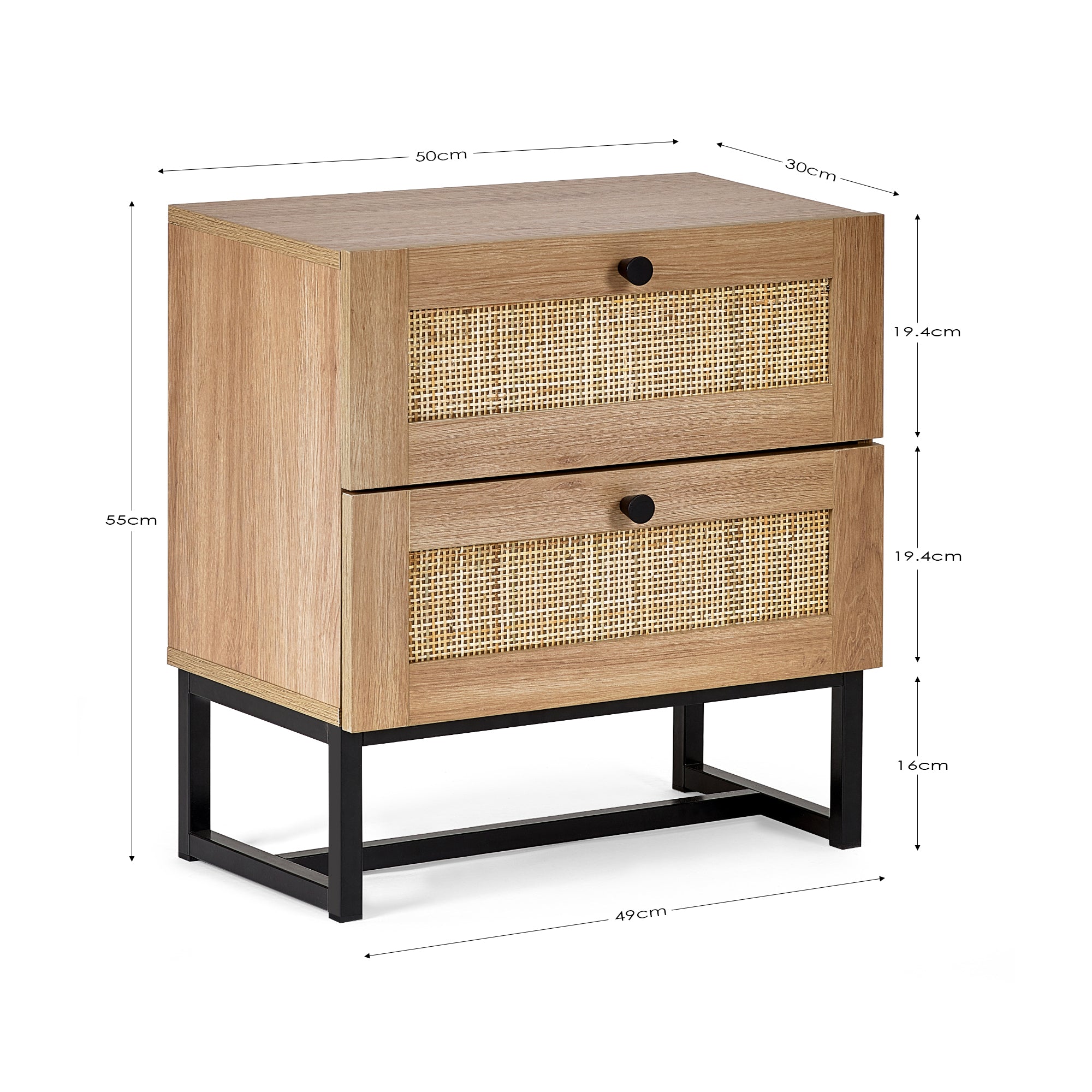 Clermont Oak Wood & Rattan Bedside Table | 2 Drawers